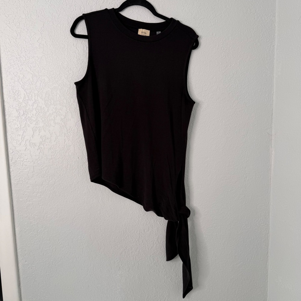 Elie Tahari Black Sleeveless Asymmetrical Side Tie Knit Top Large L/G